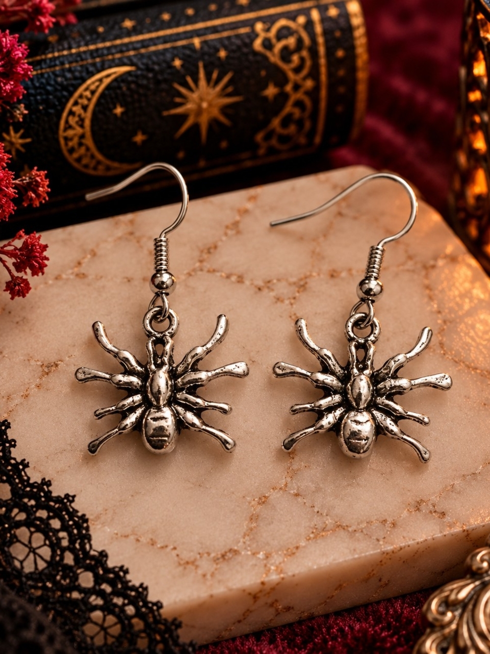 Silver Tone Metal Spider Dangle Earrings – Gothic Halloween Jewelry New